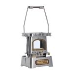 Lanterna de óleo de exterior com estrutura metálica, base robusta e alça de transporte, ideal para atividades ao ar livre e acampamentos.