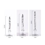 Três imagens de uma lâmpada de plasma decorativa, mostrando diferentes ângulos e detalhes, com altura de 23, 26 e 29 cm, e base de 7 cm.