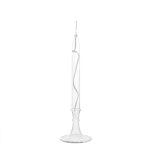 Candeeiro a óleo de vidro transparente com tubo curvo e base larga, usado para iluminação decorativa ou científica.