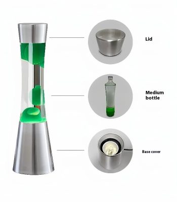 Lava lamp com tampa de metal, garrafa de vidro com líquido verde e base de metal, vista de cima e de lado.