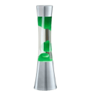 Lâmpada de lava com base metálica prateada, bolhas verdes a subir dentro do tubo de vidro transparente, estilo vintage dos anos 70.