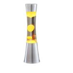 Lava lamp com corpo de vidro transparente, bolhas amarelas em movimento e base metálica prateada, estilo anos 70.