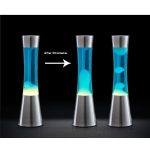 Lava lamp com cera azul e base de metal, mostrando a mudança de estado após 30 minutos.