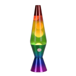 Lâmpada de lava com cores vibrantes, mostrando bolhas de cera em movimento dentro do vidro.