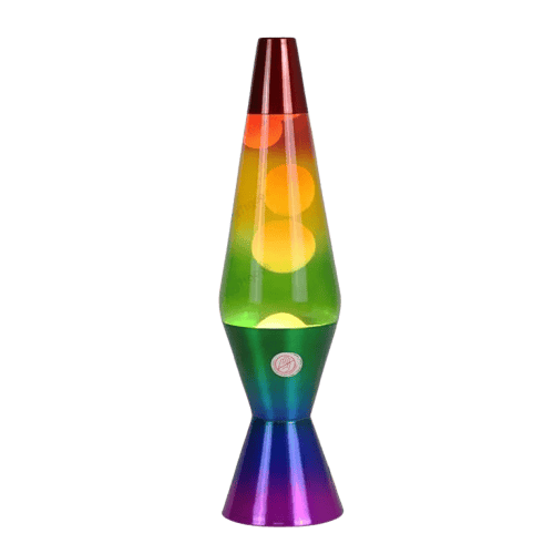 Lâmpada de lava com cores vibrantes, mostrando bolhas de cera em movimento dentro do vidro.