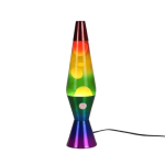 Lâmpada de lava com cores vibrantes, mostrando o fluxo de cera quente dentro do vidro, ligada a uma fonte de energia elétrica.