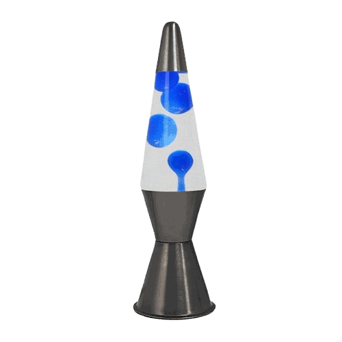 Lâmpada de lava com base preta, corpo de vidro transparente com bolhas azuis em movimento, iluminação interna que realça o efeito de lava em movimento.