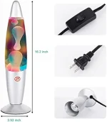 Lava-lamp colorida de 16.2 polegadas com base prateada, acompanhada de interruptor, adaptador de corrente e foco ajustável para experiências científicas.