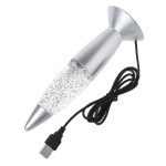 Lâmpada de lava em forma de foguete com base metálica e cabo USB para iluminação decorativa de ciência.