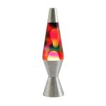 Lâmpada de lava com efeito de magma, com cores vermelha, amarela e verde, em forma de cone com base metálica.