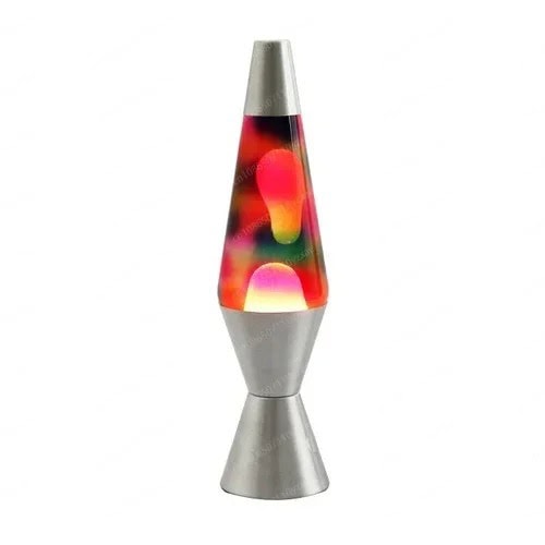 Lâmpada de lava com efeito de magma, com cores vermelha, amarela e verde, em forma de cone com base metálica.