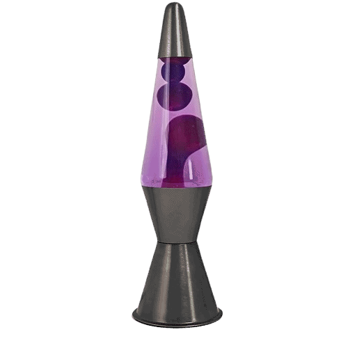 Lampada de lava violeta com base preta e tubo de vidro transparente, mostrando a lava em movimento.