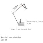 Candeeiro de mesa com braço articulado de alumínio, base sólida e lâmpada LED de 5W, ajustável entre 70-90cm de altura.