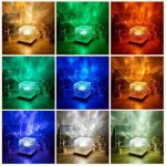 Lâmpada de mesa com iluminação em diferentes cores: laranja, verde, azul, branco, roxo e amarelo, exibindo efeitos de luz e fumaça ao redor.