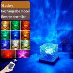 Lâmpada de mesa com efeito de luzes LED coloridas, controlada remotamente, mostrando várias cores disponíveis em uma aplicação móvel.