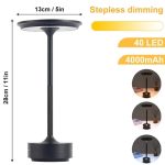 Luminária de mesa com base circular, coluna de ferro forjado e luz LED ajustável, vista de perfil com detalhes de iluminação e dimensões.