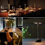 Luminária de mesa em ferro forjado com luz LED, vista de diferentes ângulos, incluindo detalhe do interruptor e uso em ambiente interno.