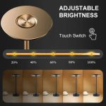 Luminária de mesa com base circular de ferro forjado, controle de brilho ajustável e diferentes configurações de altura e iluminação.