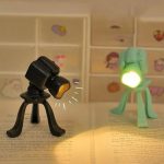 Miniatura de lâmpada em forma de câmara fotográfica com luz acesa, sobre uma página de livro, com fundo de gavetas decoradas com desenhos de rostos.