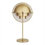 Candeeiro de mesa com estrutura metálica dourada, design moderno com esfera e base circular, ideal para decoração de interiores contemporâneos.