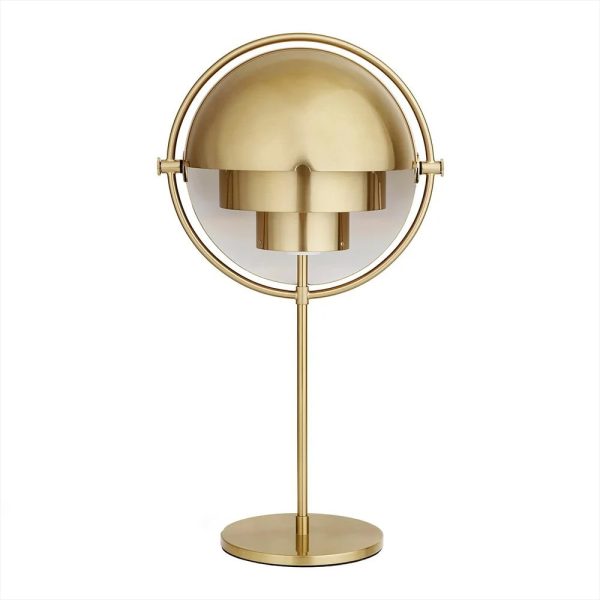 Candeeiro de mesa com estrutura metálica dourada, design moderno com esfera e base circular, ideal para decoração de interiores contemporâneos.