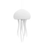 Lâmpada de plasma com corpo em forma de medusa, tentáculos flexíveis pendurados, iluminação suave, decorativa para quarto infantil.