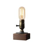 Lâmpada de filamento antigo com base de madeira, vista frontal, iluminação quente, detalhe do interruptor lateral, estilo vintage, decoração de ciência, iluminação decorativa.
