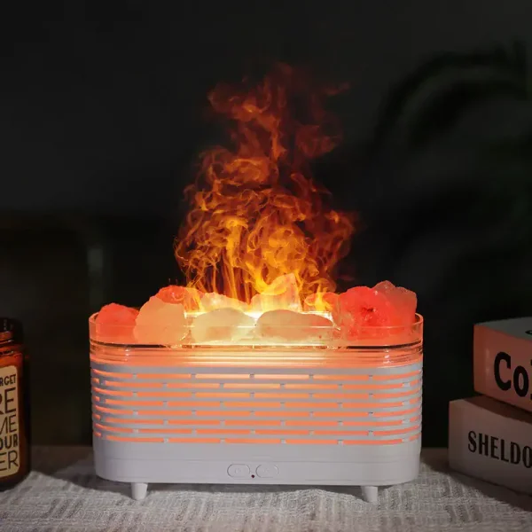 Dispositivo de laboratório com chama laranja e vermelha a emergir de uma base de vidro, com livros ao lado.