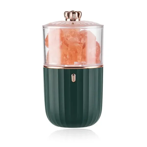 Máquina de sal rosa com recipiente transparente e base verde escura, mostrando cristais de sal rosa dentro.