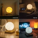 Lâmpada de lua decorativa em diferentes configurações: luz ambiente, luz noturna, para decoração e presente, vista de vários ângulos e ambientes.