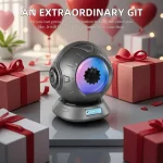 Dispositivo de luz com efeito de cores LED, com botão de controlo, rodeado por presentes de Natal e balões de coração ao fundo.