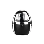 Humidificador de ar com design moderno, corpo preto e transparente, com botão de energia visível na frente.