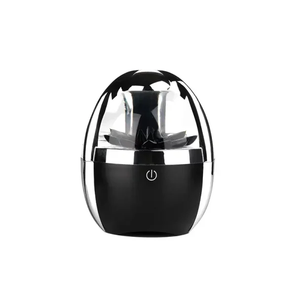 Humidificador de ar com design moderno, corpo preto e transparente, com botão de energia visível na frente.