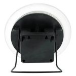 Disco de plasma azul visto de trás, com suporte metálico preto e base transparente, usado para demonstrações científicas e decoração de ciência.