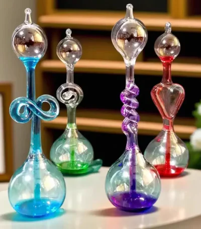 Conjunto de cinco tubos de vidro coloridos com formas variadas e detalhes decorativos, exibidos numa superfície branca com fundo de estantes de madeira.