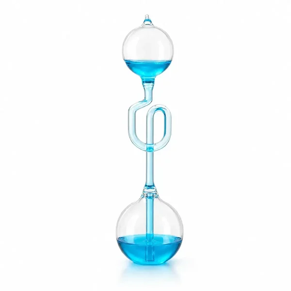 Aparelho de destilação de vidro com dois balões e um tubo em forma de laço, usado para experiências químicas ou científicas.
