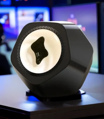 Altifalante com forma hexagonal, superfície preta brilhante e alto-falante circular com detalhe preto no centro, em ambiente de loja de gadgets.