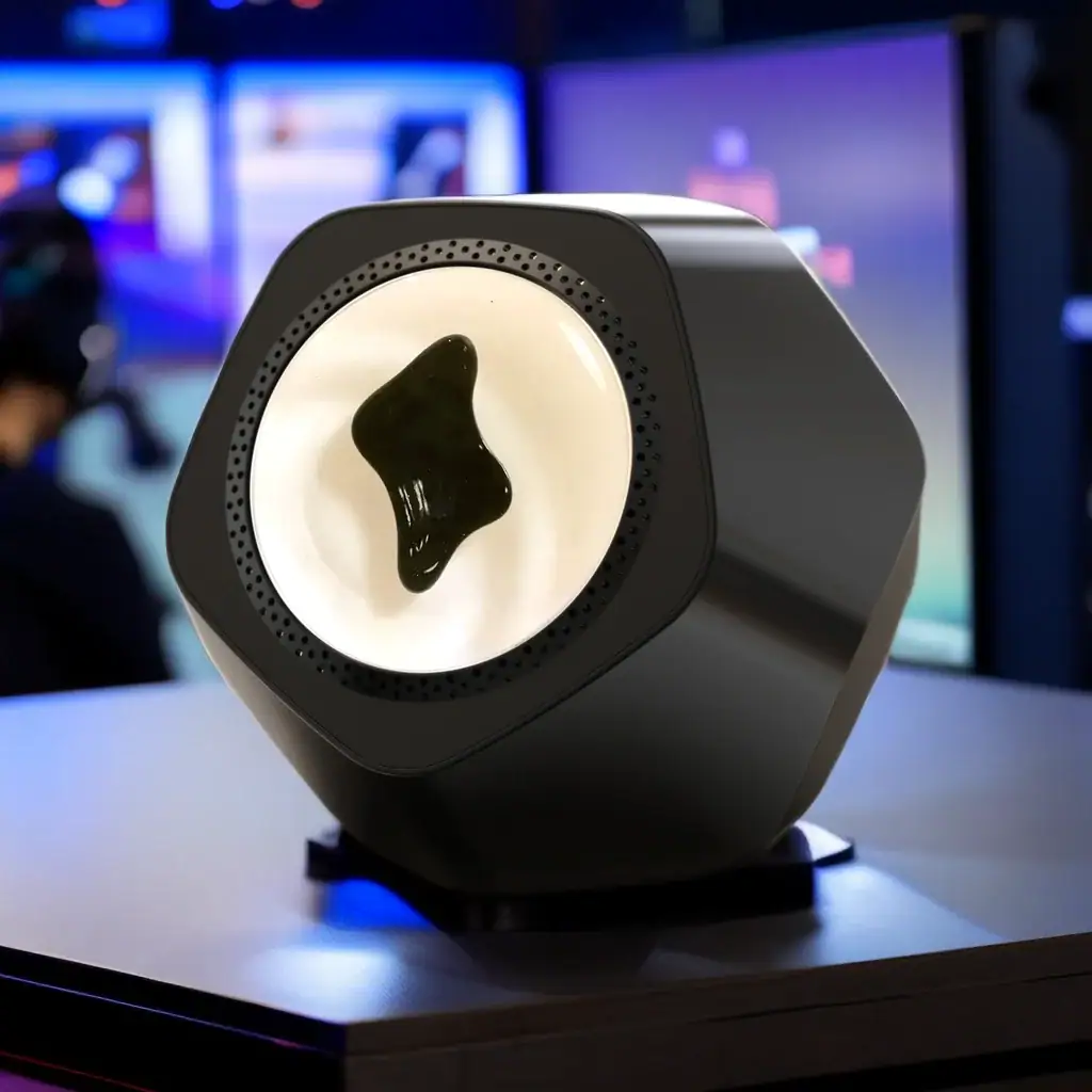 Altifalante com forma hexagonal, superfície preta brilhante e alto-falante circular com detalhe preto no centro, em ambiente de loja de gadgets.