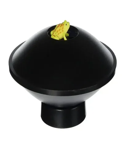 Lâmpada de plasma preta com sapo decorativo amarelo no topo, vista frontal, com base sólida.