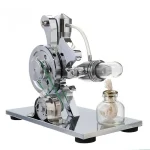Máquina de vapor de laboratório com tubo de vidro, reservatório de água e componentes metálicos, usada para demonstrações científicas.