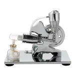 Máquina de destilação de vidro com componentes metálicos, tubo de condensação e frasco de recolha, usada em experimentos científicos de química.