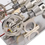 Conjunto de componentes metálicos de um motor elétrico, incluindo eixos, bobinas e engrenagens, com detalhes de acabamento metálico e componentes internos visíveis.