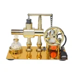 Gerador de Van de Graaff com roda de metal dourada, motor, tubos e componentes elétricos, usado para demonstrações de física de eletricidade.