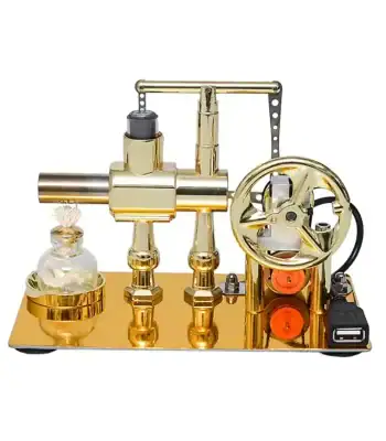 Gerador de Van de Graaff com roda de metal dourada, motor, tubos e componentes elétricos, usado para demonstrações de física de eletricidade.