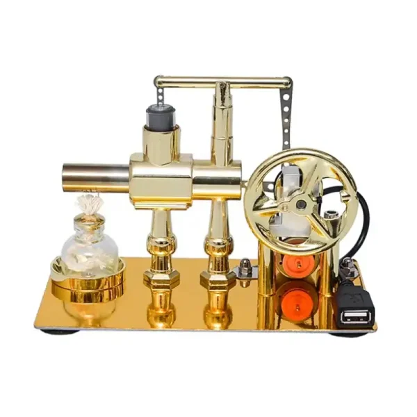 Gerador de Van de Graaff com roda de metal dourada, motor, tubos e componentes elétricos, usado para demonstrações de física de eletricidade.