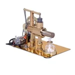 Microscópio de laboratório com tubo, base de metal dourada, e frascos de vidro, usado para demonstrações científicas educativas.