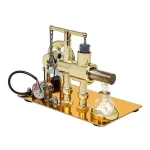 Reação química com tubo de ensaio, balão de vidro e equipamento de laboratório de metal dourado, usado em experiências científicas educativas.
