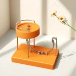 Dispositivo de experimento com base laranja, tubo metálico curvo e esferas de aço, com flores na sombra ao fundo.