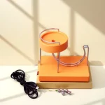 Dispositivo de experimentos com uma pista de metal, bolas de aço e fonte de energia elétrica, usado para demonstrações científicas educativas.