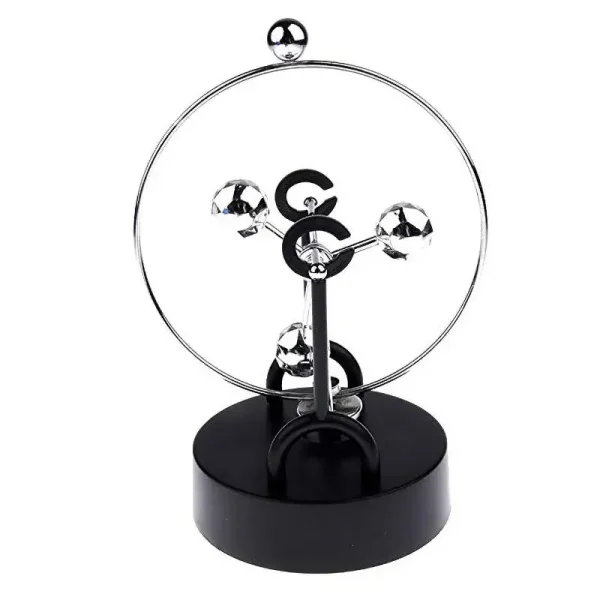 Relógio de mesa com esfera de vidro, ponteiros e base preta, decorativo de ciência com elementos metálicos e cristais.